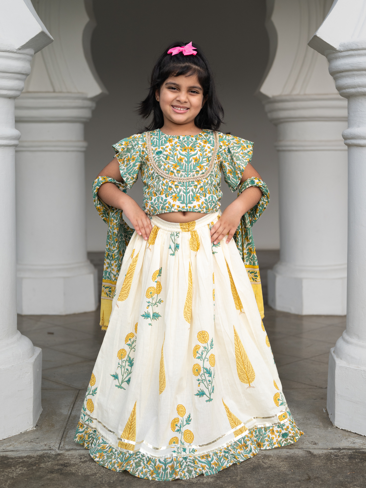 NIMBU | Mira Green Girls Lehenga Choli Skirt Top in Cotton