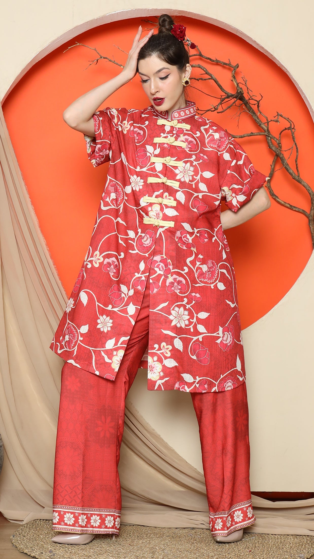 KANZI COLLECTION | Red Floral Cheongsam Pant Set