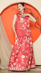 KANZI COLLECTION | Red Cheongsam Floral Vest With Floral Skirt