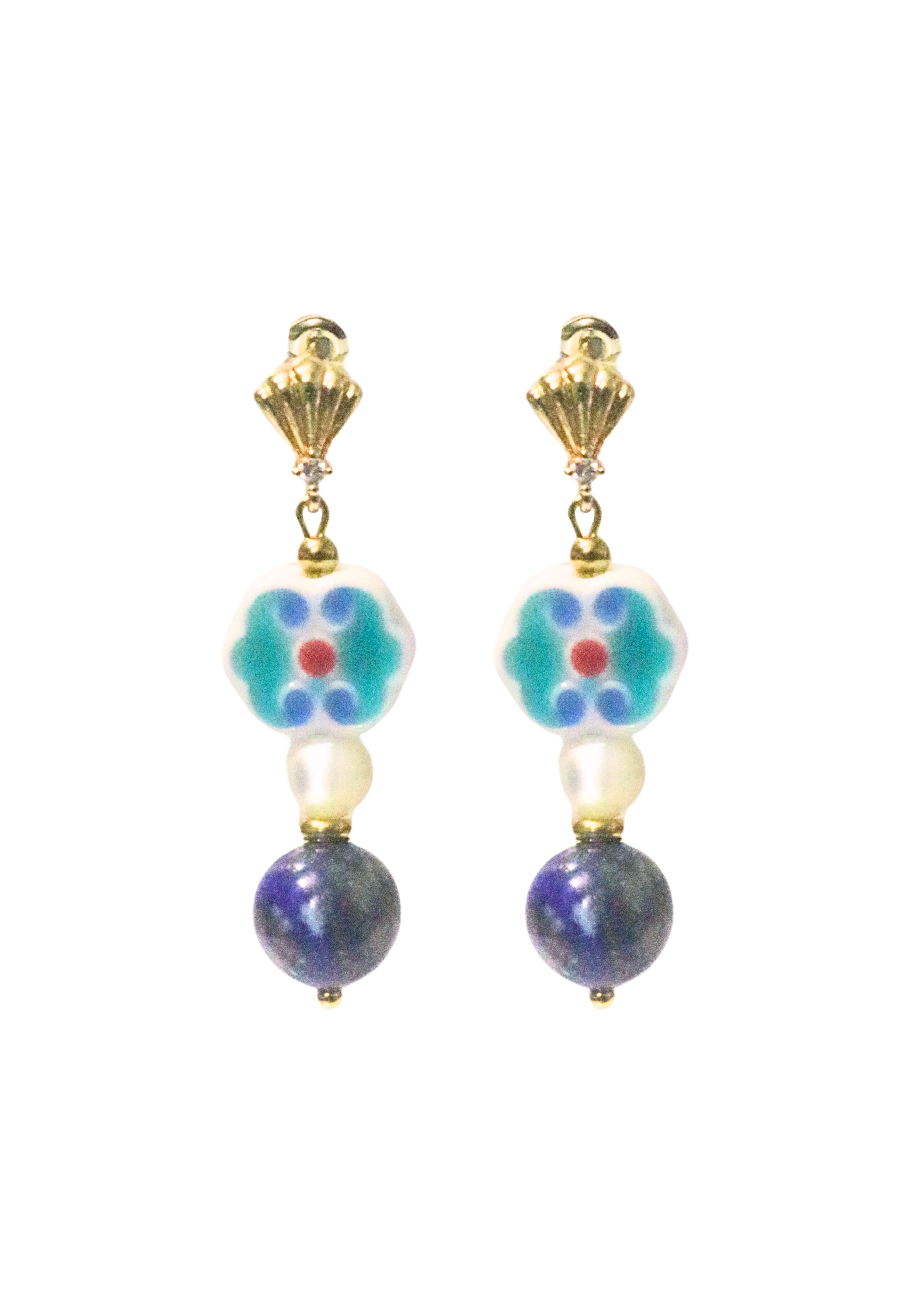 THE ANTECEDENT STORE | E - Auspicious Clouds Porcelain Earrings - With Pearls and Lapis