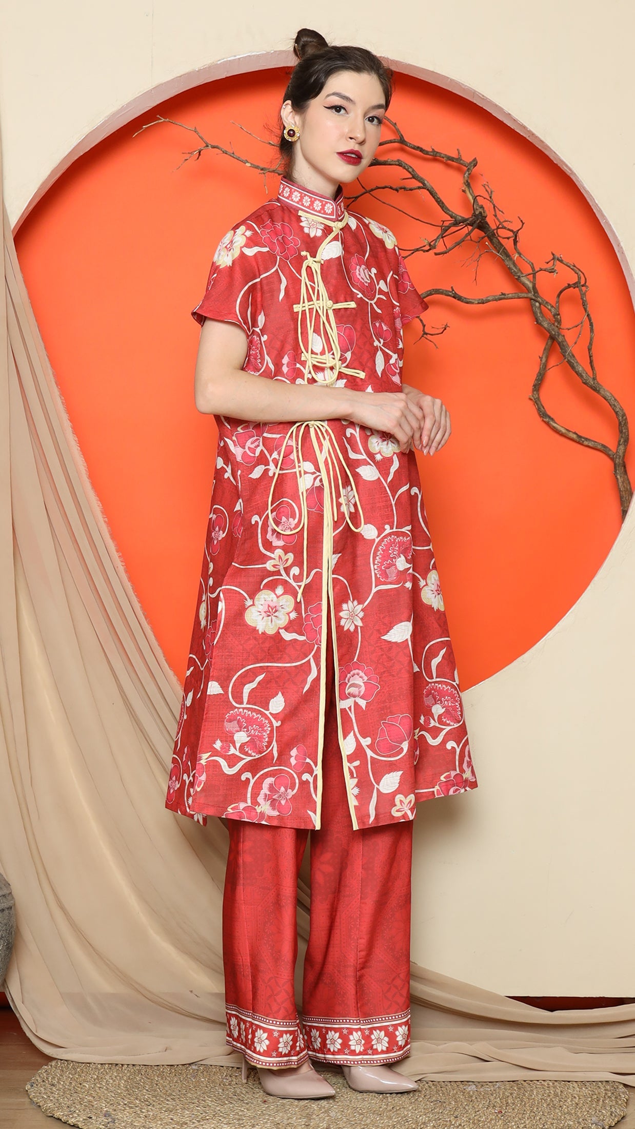 KANZI COLLECTION | Red Oriental Floral Cheongsam Pant Set