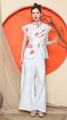 KANZI COLLECTION | Grey Cheongsam Floral Vest With Wide Leg Pant Set