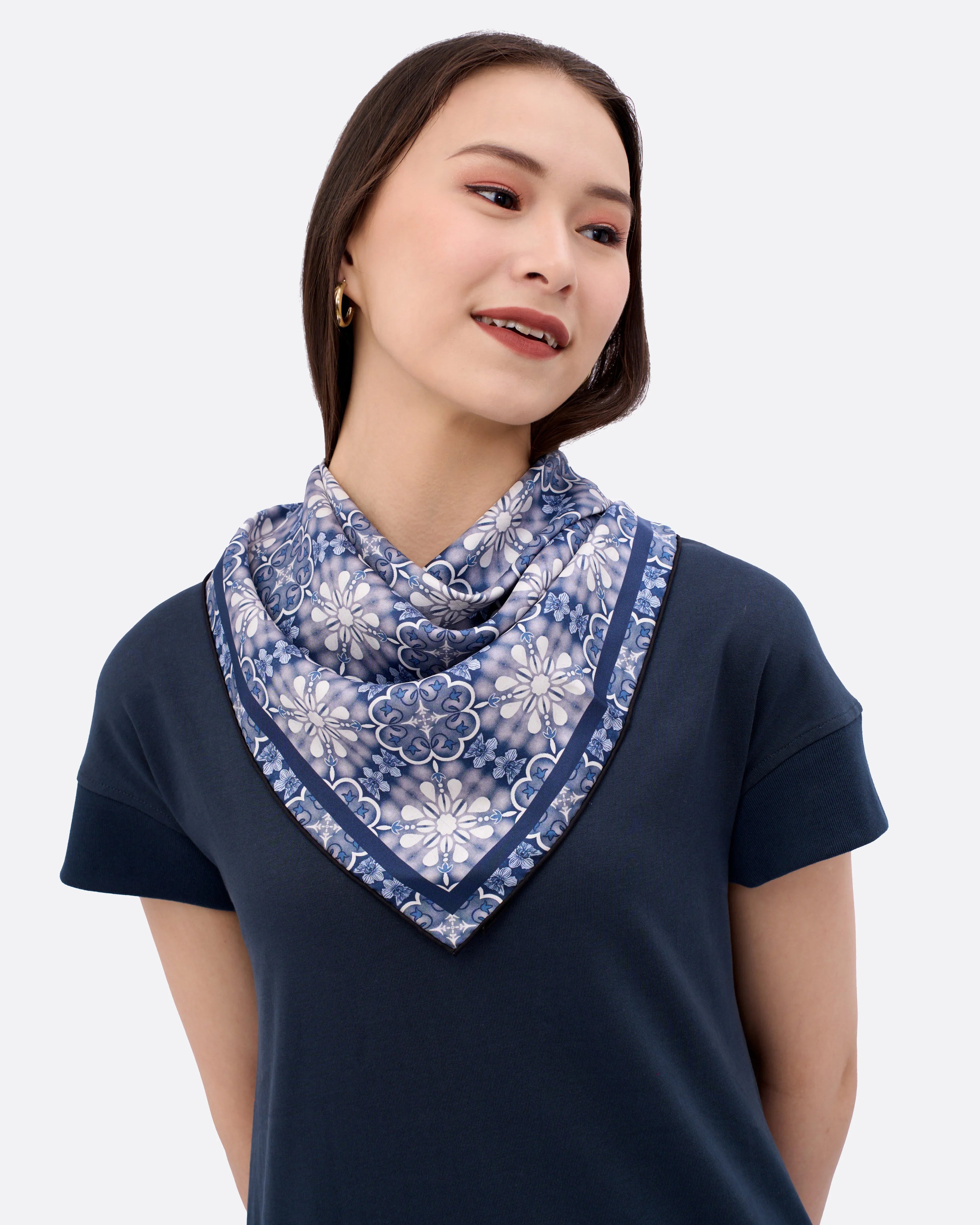 STUDIO QILING | Peranakan Orchid Navy Ink Double Side Silk Scarf 65