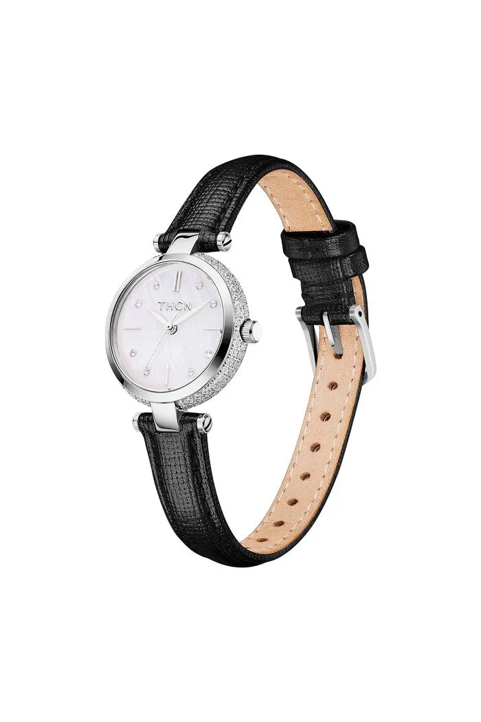 BLACK BY BLUE BRAVE | THCN T· I Mother-of-Pearl Dial Black Leather Strap Watch | Silver