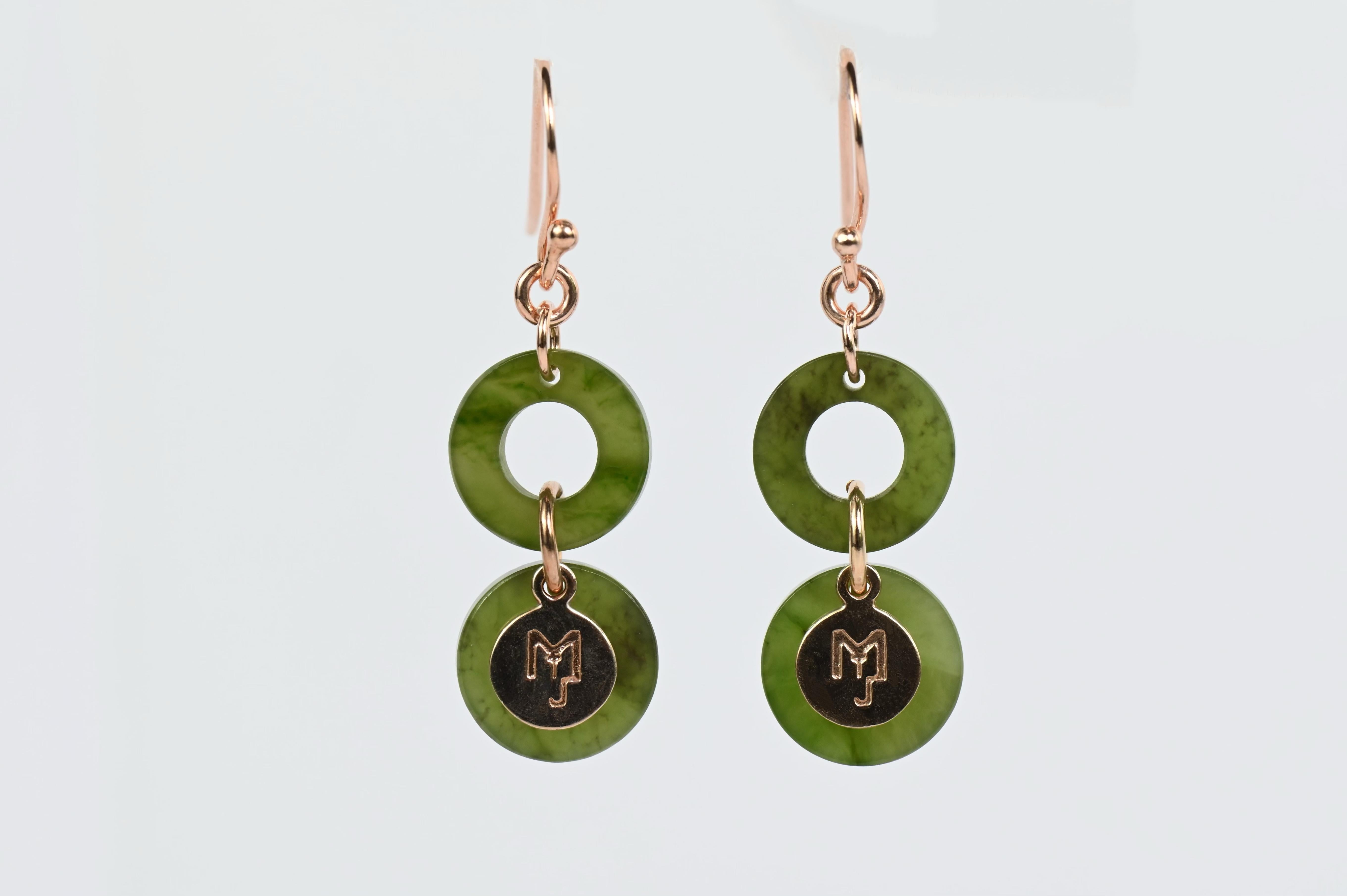 Dangle earrings featuring natural Nephrite Jade and rose-gold-plated sterling silver.