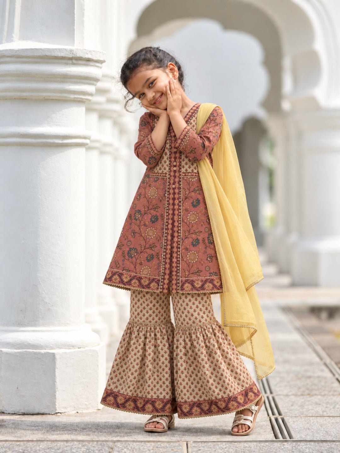 NIMBU | Zia Coral & Gold Girls Kurti Sharara in Cotton