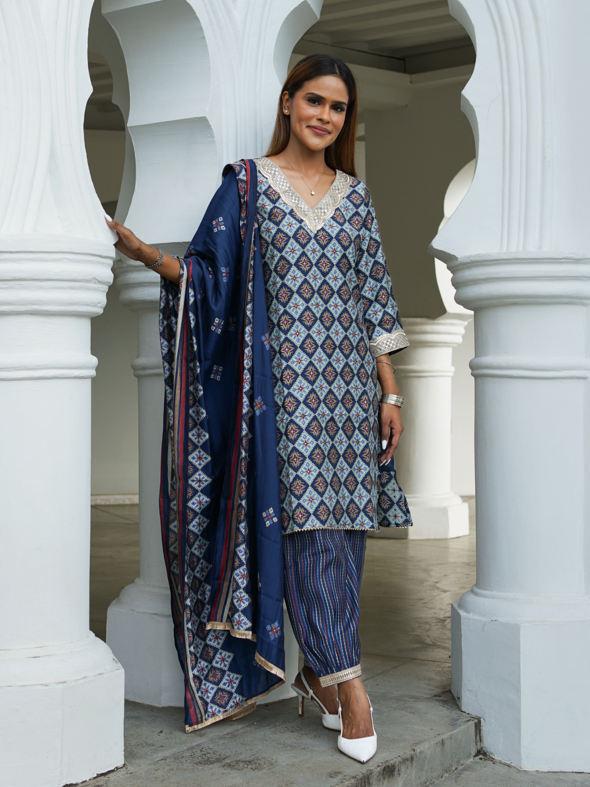 NIMBU | Tara Blue Women's Choga Style Kurti & Salwar Set in Muslin Cotton