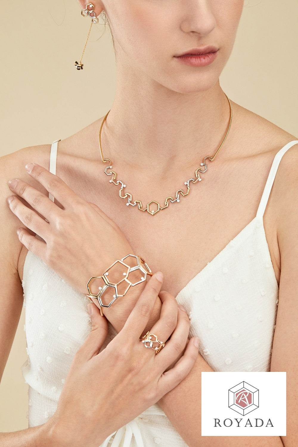 CREATIVE JEWELLERY STUDIO | 18k 3-Tone Gold & Diamond Honeycomb Collar Bone Necklace by Royada Jewelry