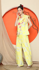 KANZI COLLECTION | Yellow Cheongsam Floral Vest With Wide Leg Pant Set