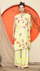 KANZI COLLECTION | Yellow Vest Kimono Jacquard Floral Pant Set