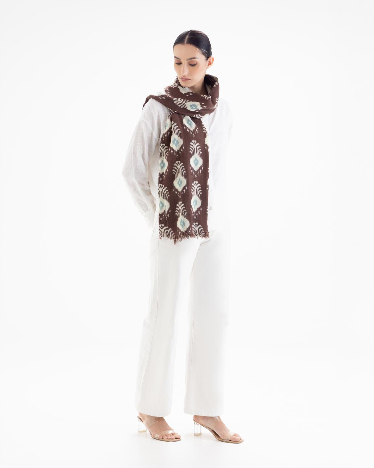 QUEENMARK | AN Patola Ikat Print Brown Blue Dots