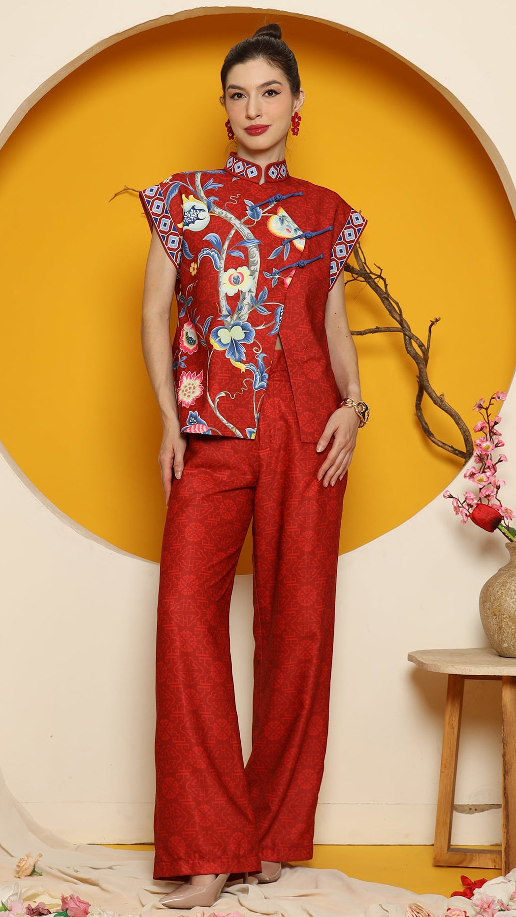 KANZI COLLECTION | Red Cheongsam Flower Vest With Pant Set