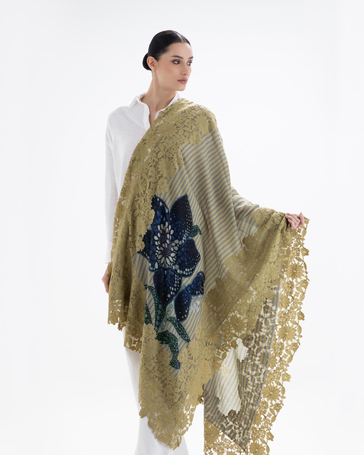 QUEENMARK | AN Assorted Lace Print Crystal Shawl Olive Olive Blue Flower