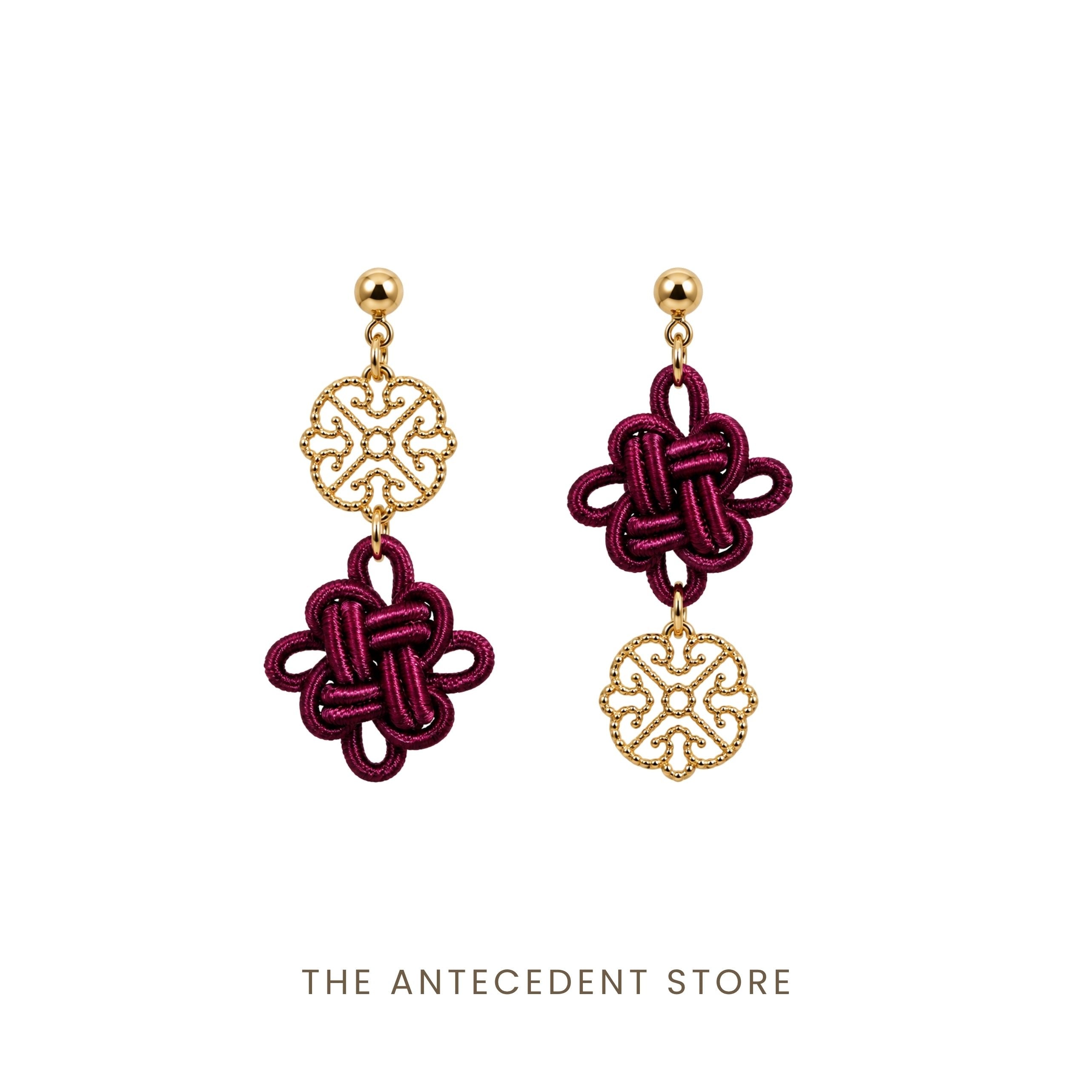 THE ANTECEDENT STORE | Asymmetrical Auspicious Knot Earrings in Maroon
