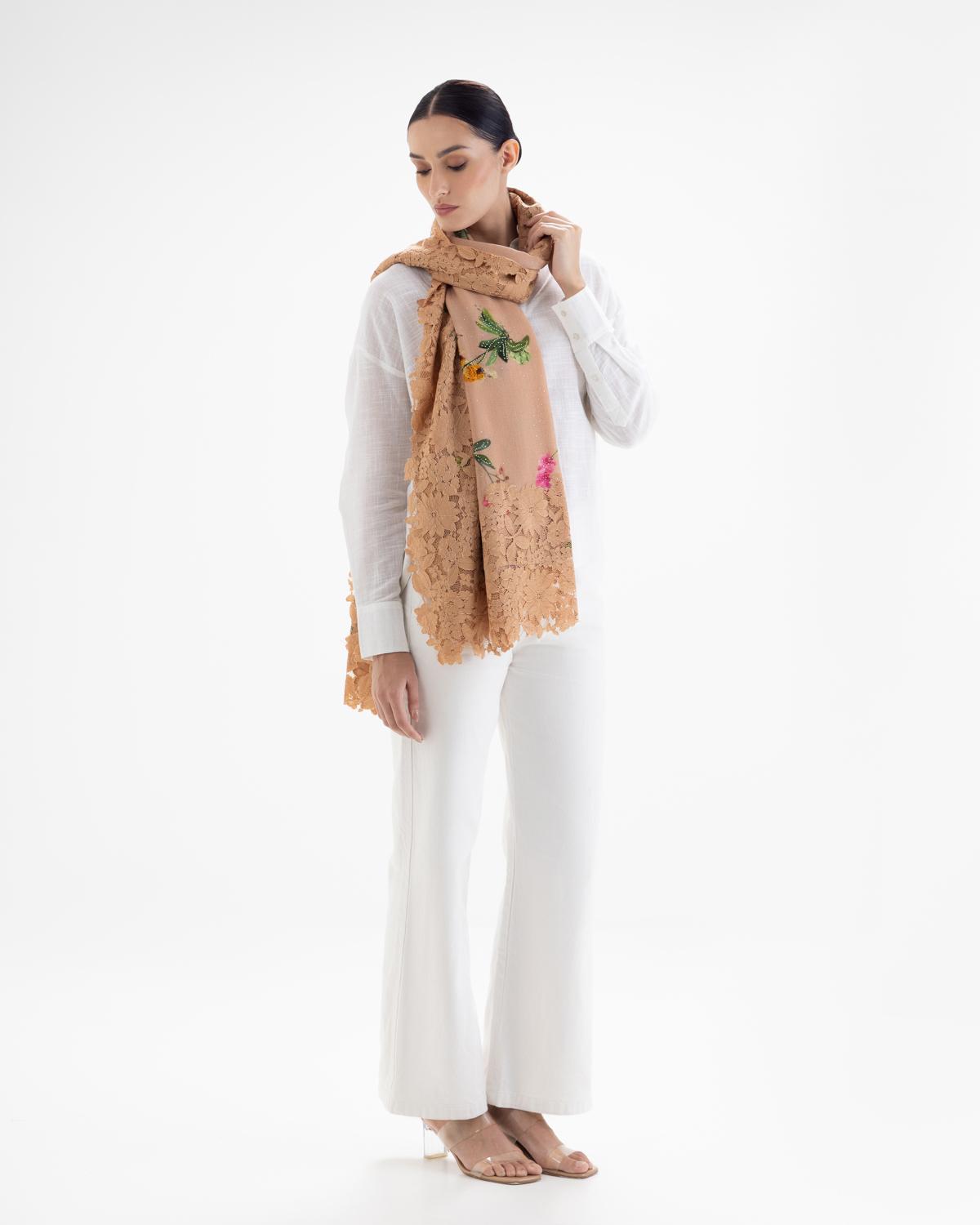 QUEENMARK | AN Assorted Lace Print Crystal Shawl Peach