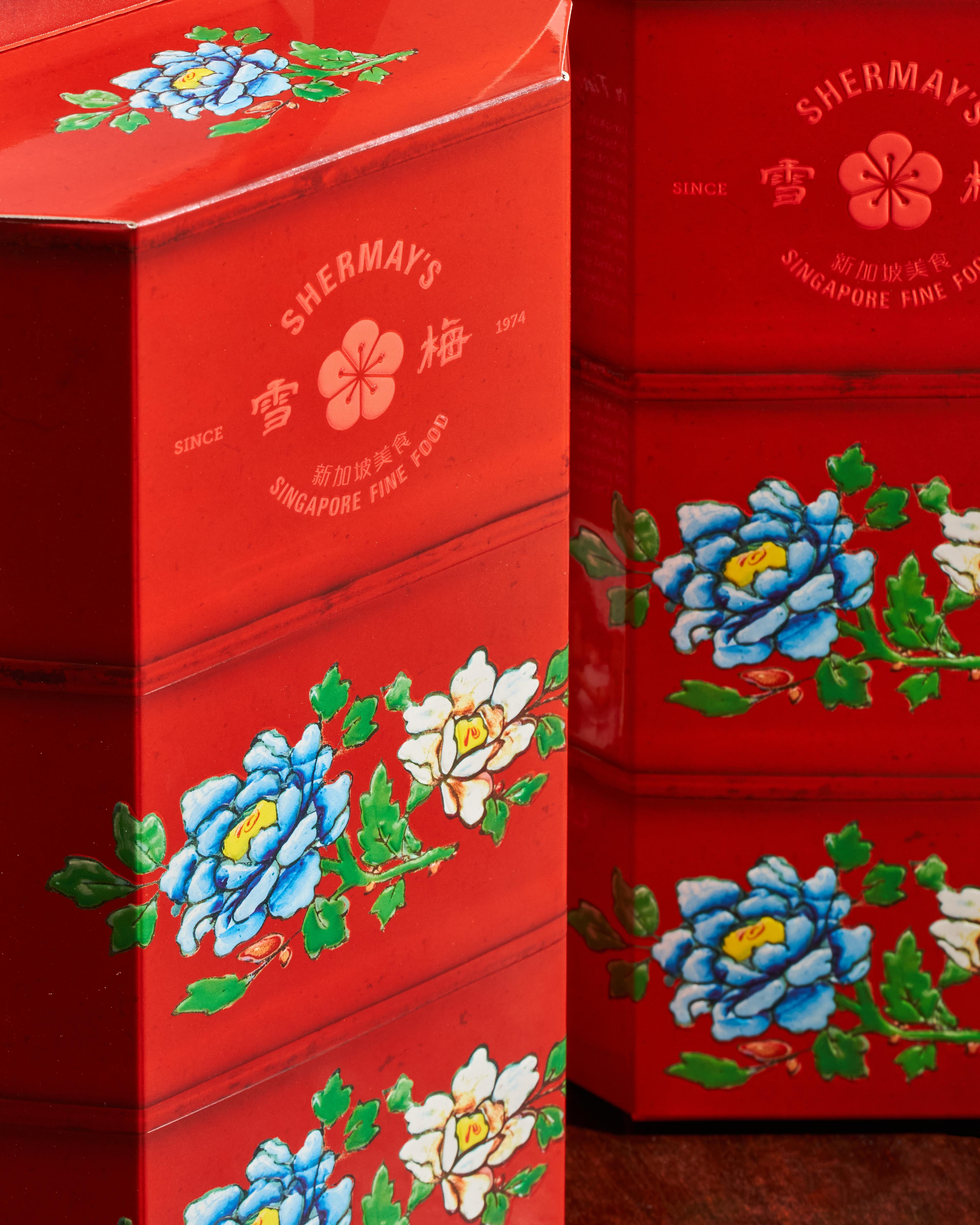 SHERMAY'S SINGAPORE FINE FOOD | Lacquer Red Tingkat Gift Set - Keropok and Sauces