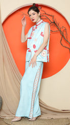 KANZI COLLECTION | Blue Cheongsam Floral Vest With Pant Set