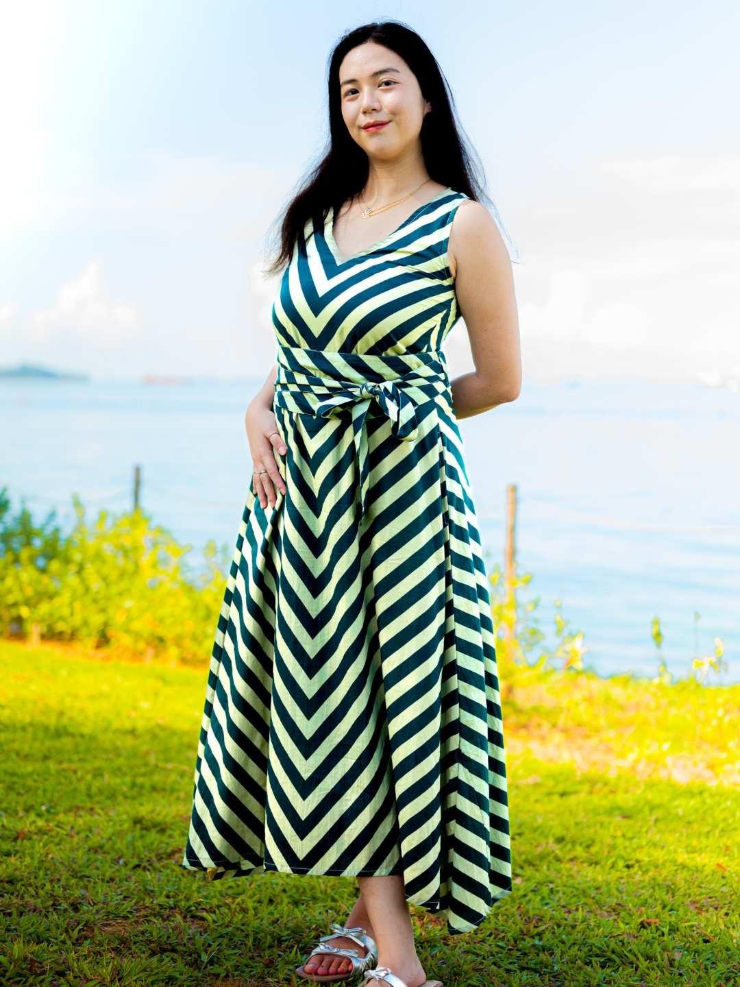 NIMBU | Vela Women's Wave Dress In Green With Obi Belt