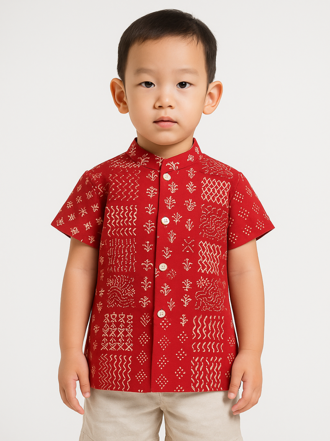 NIMBU | Ember Red Kids Mandarin Cotton Shirt