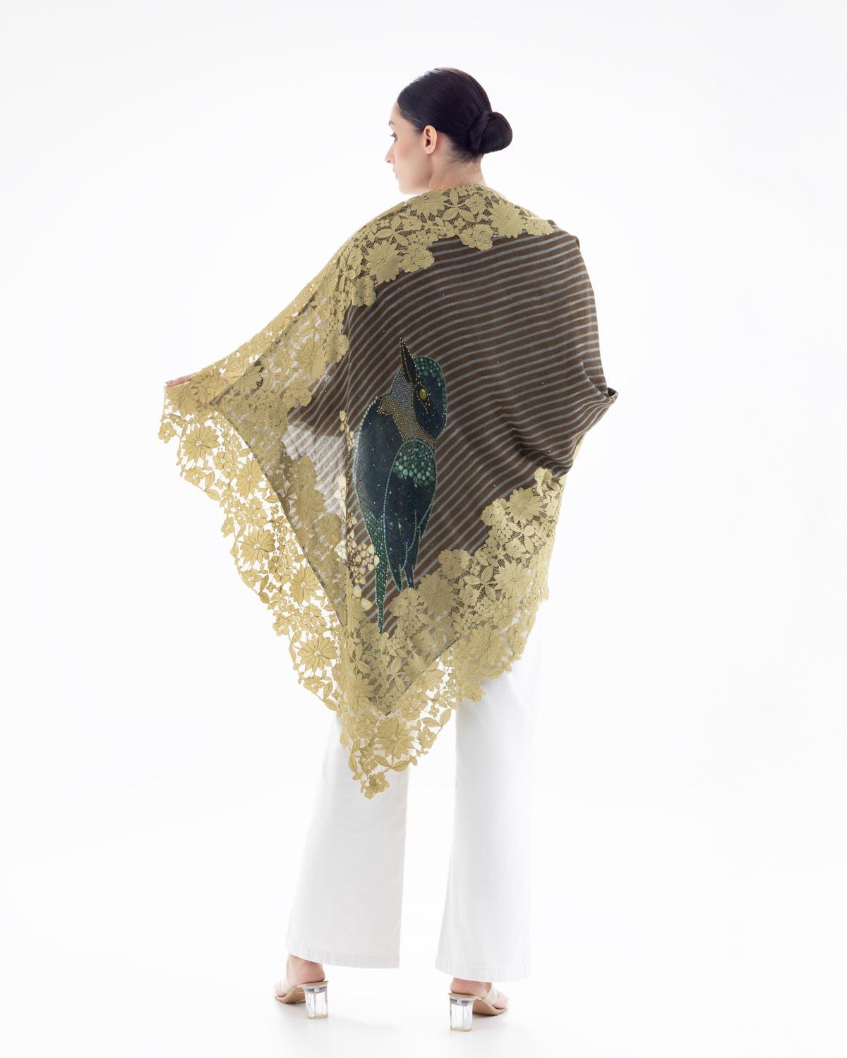 QUEENMARK | AN Assorted Lace Print Crystal Shawl Olive Blue Bird