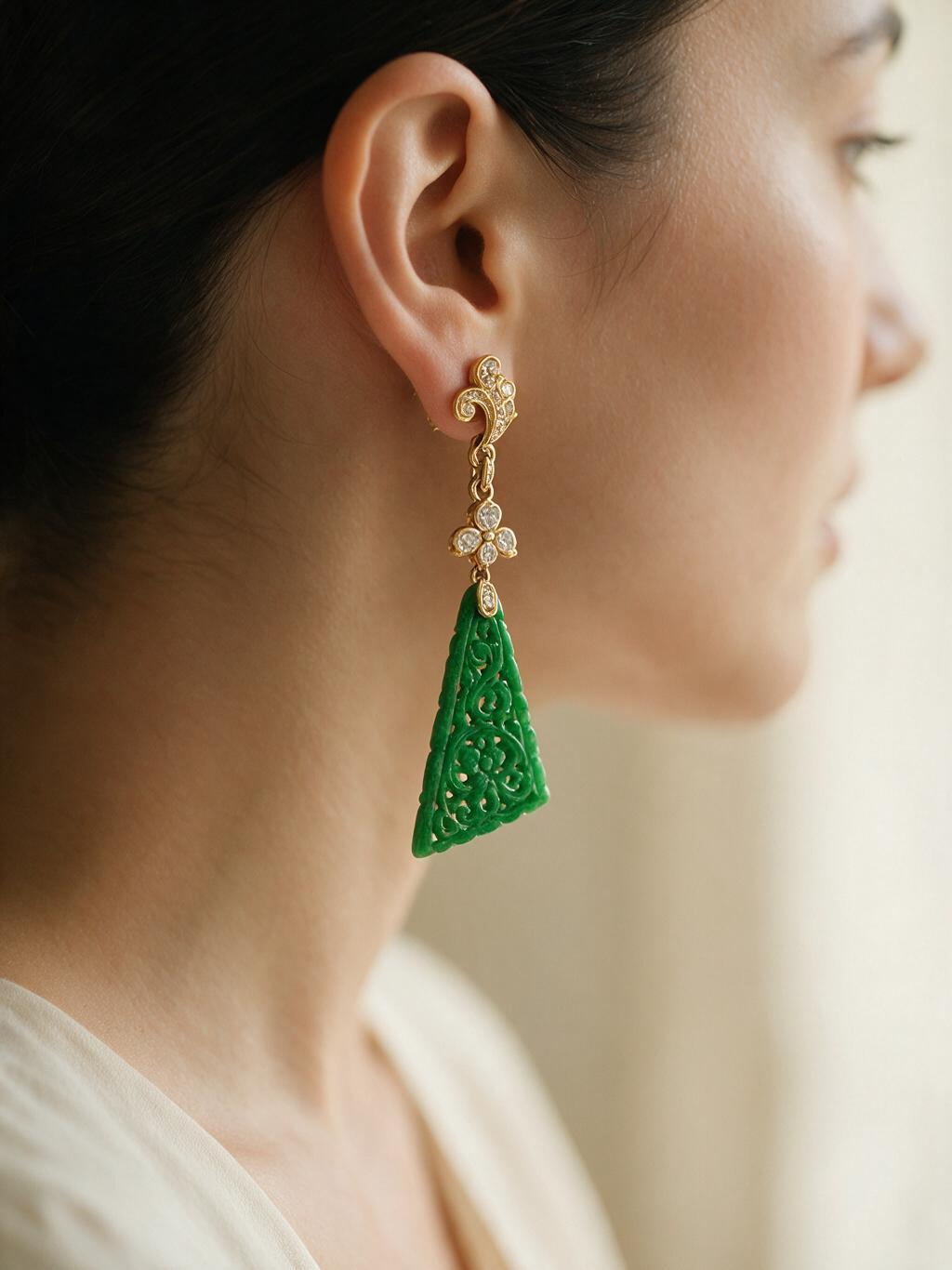 FOUNDATION JEWELLERS | 18K Yellow Gold Natural Diamond & Jade Earring - PE101685