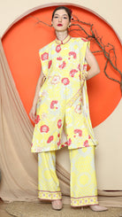 KANZI COLLECTION | Yellow Vest Kimono Jacquard Floral Pant Set