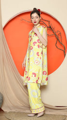 KANZI COLLECTION | Yellow Vest Kimono Jacquard Floral Pant Set