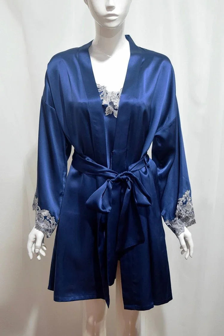 BELLS & BIRDS | Florentine Mulberry Silk Robe (Navy)