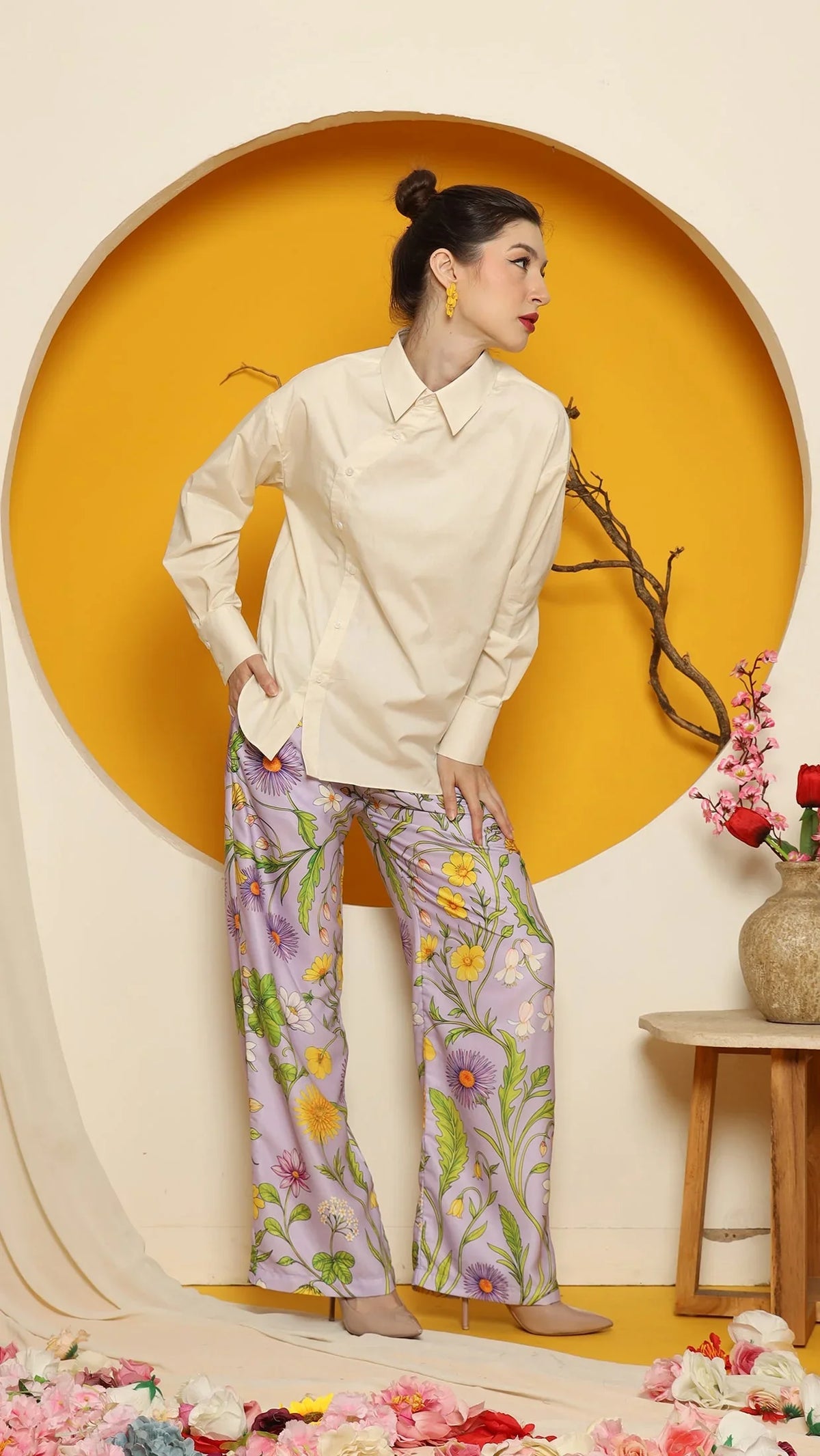 KANZI COLLECTION | Cheongsam Button Shirt With Purple Flower Pants Set