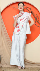 KANZI COLLECTION | Grey Cheongsam Floral Vest With Wide Leg Pant Set