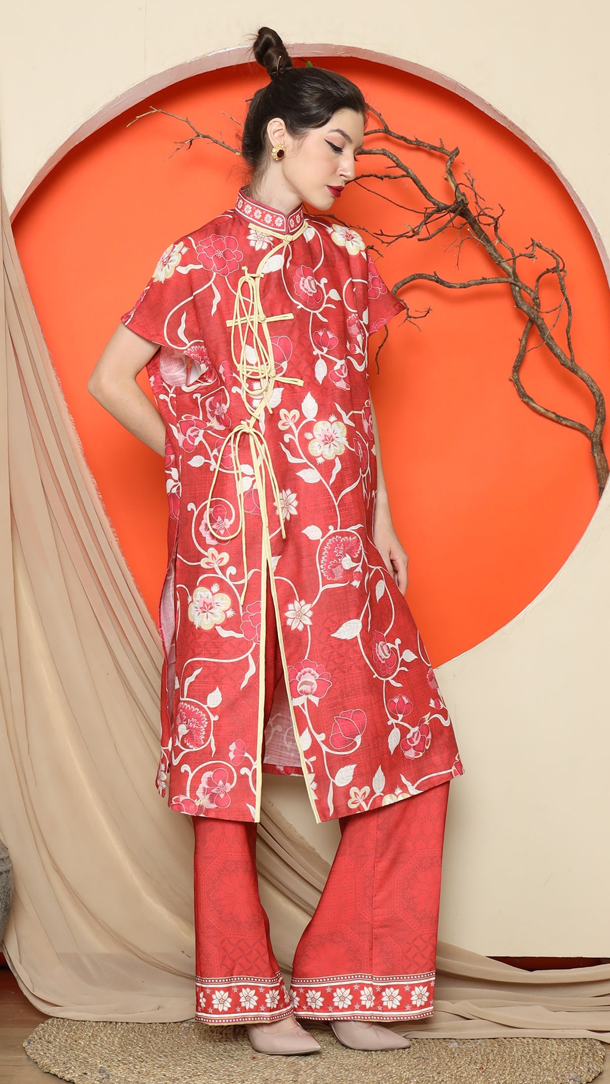 KANZI COLLECTION | Red Oriental Floral Cheongsam Pant Set