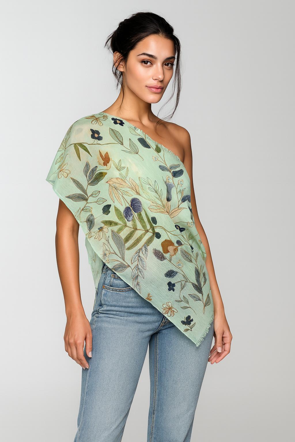 QUEENMARK | AN Printed Shawl 2024 Assorted Green Leaf