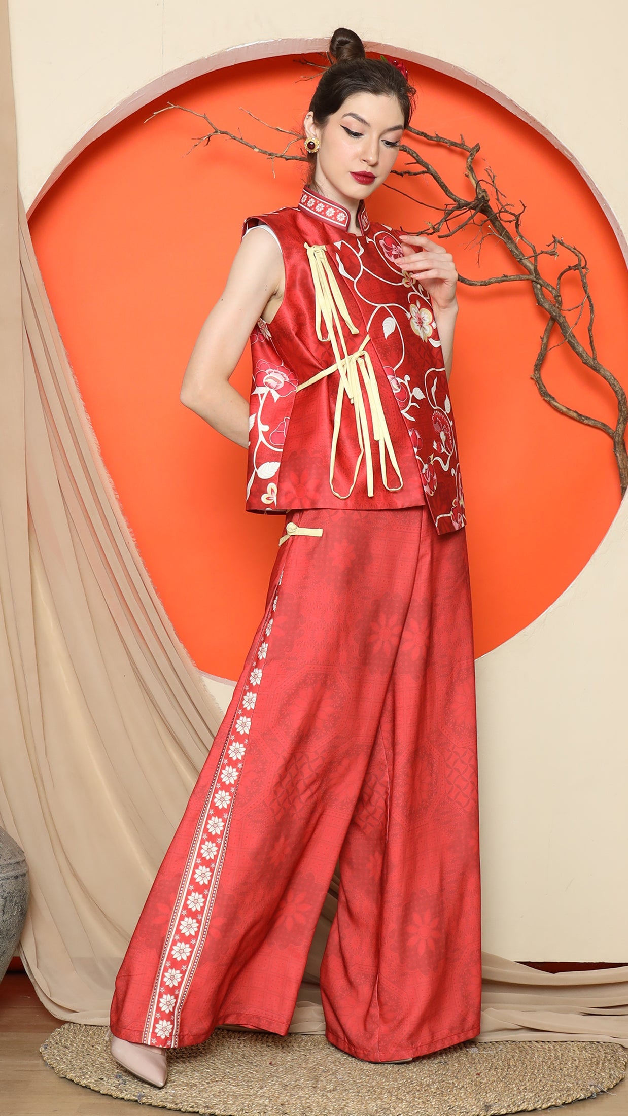 KANZI COLLECTION | Red Cheongsam Floral Vest With Floral Pants Set
