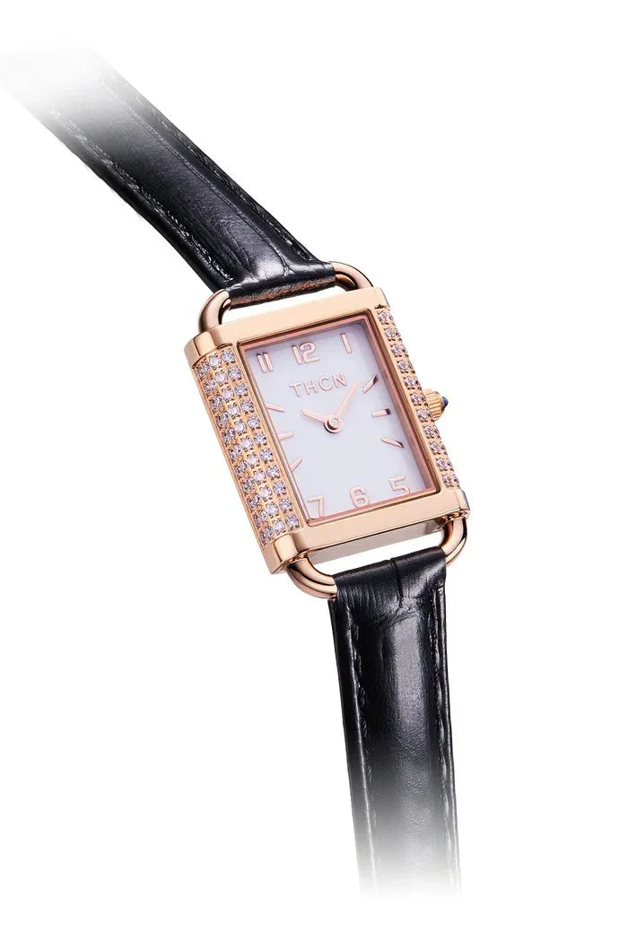 BLACK BY BLUE BRAVE | THCN H· II Eggshell White Dial Black Leather Strap Watch | Rose Gold