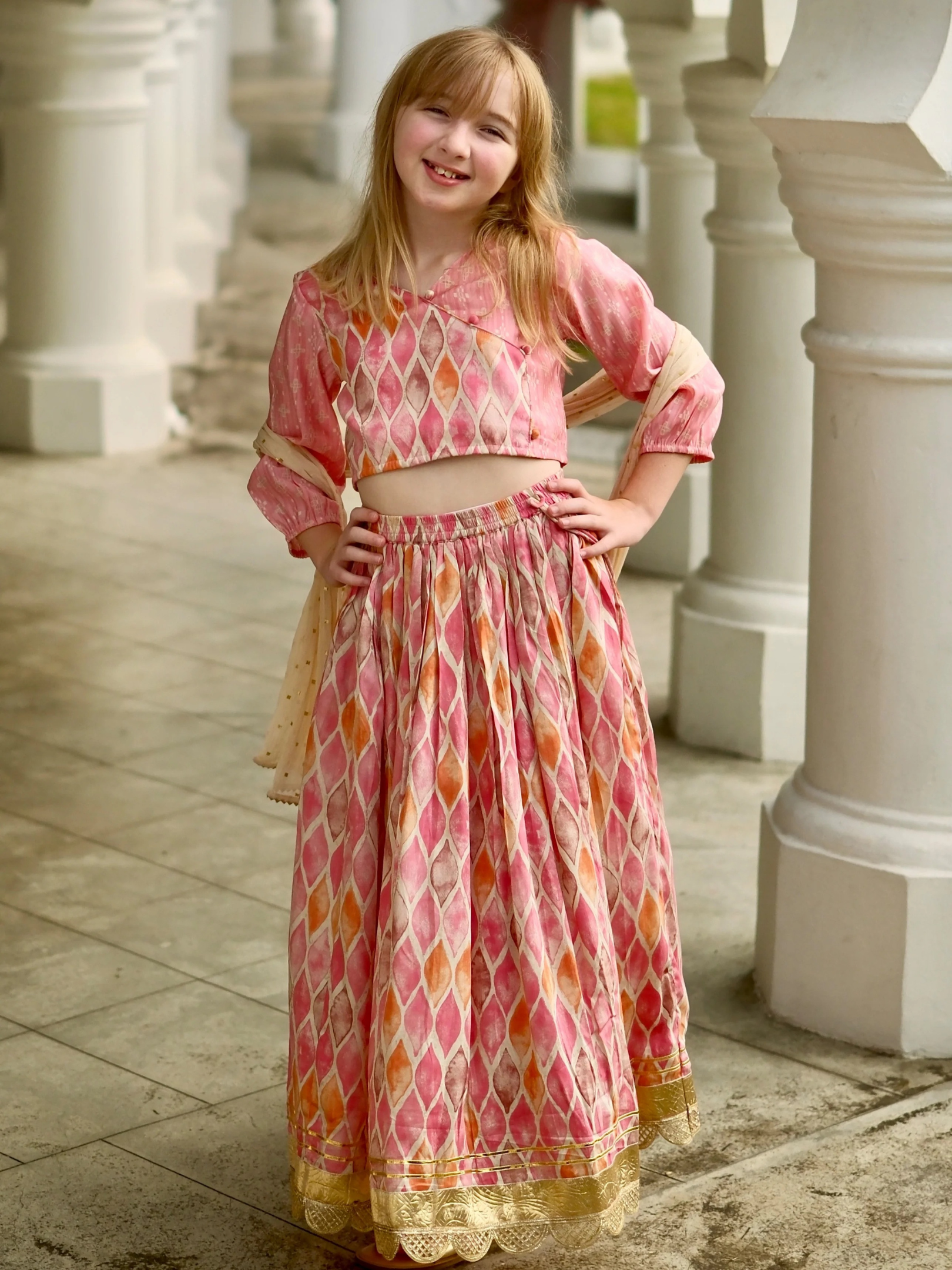 NIMBU | Rooh Pink Girls Lehenga Choli Set With Dupatta In Muslin Cotton