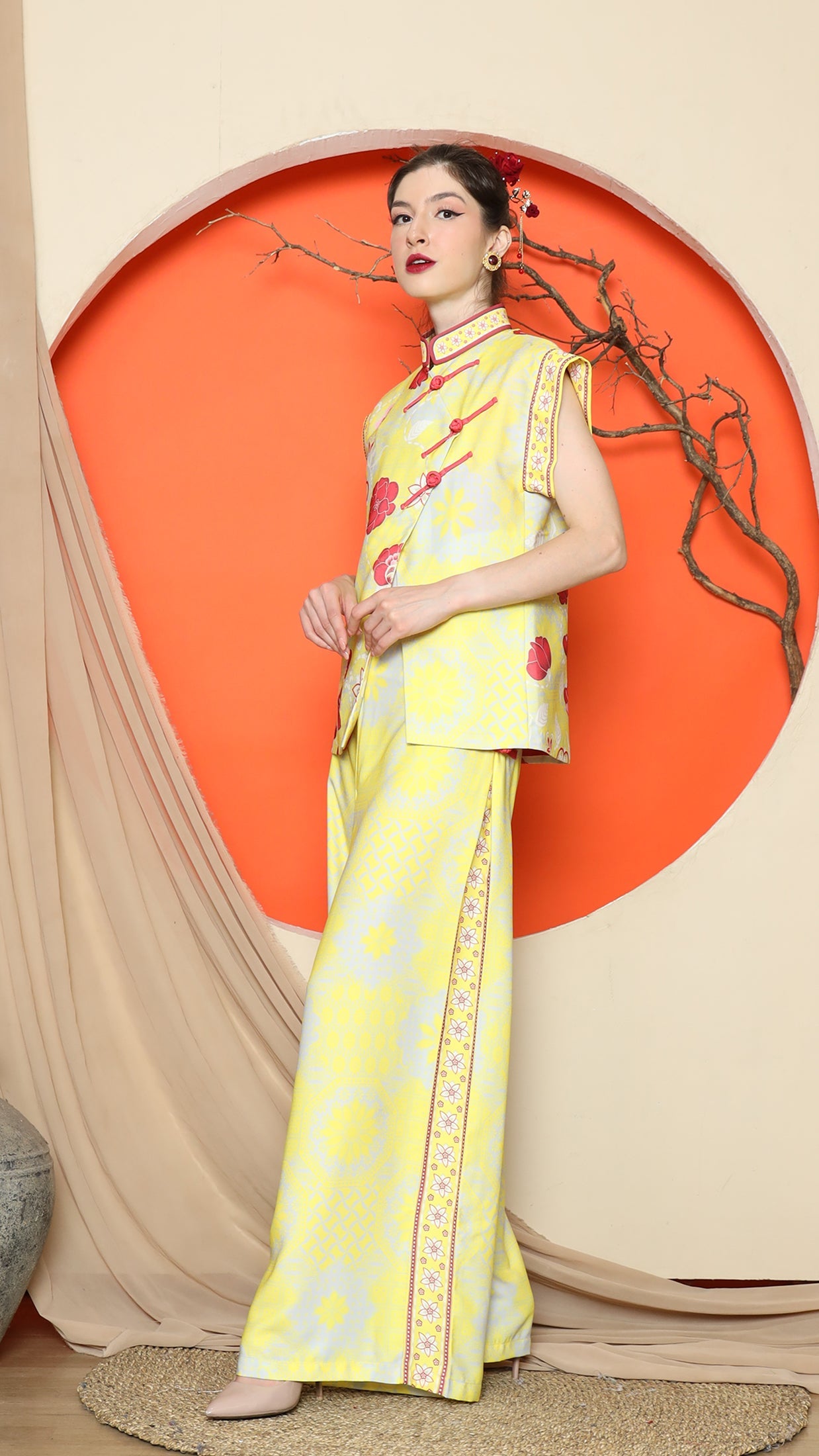 KANZI COLLECTION | Yellow Cheongsam Floral Vest With Wide Leg Pant Set