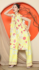 KANZI COLLECTION | Yellow Vest Kimono Jacquard Floral Pant Set