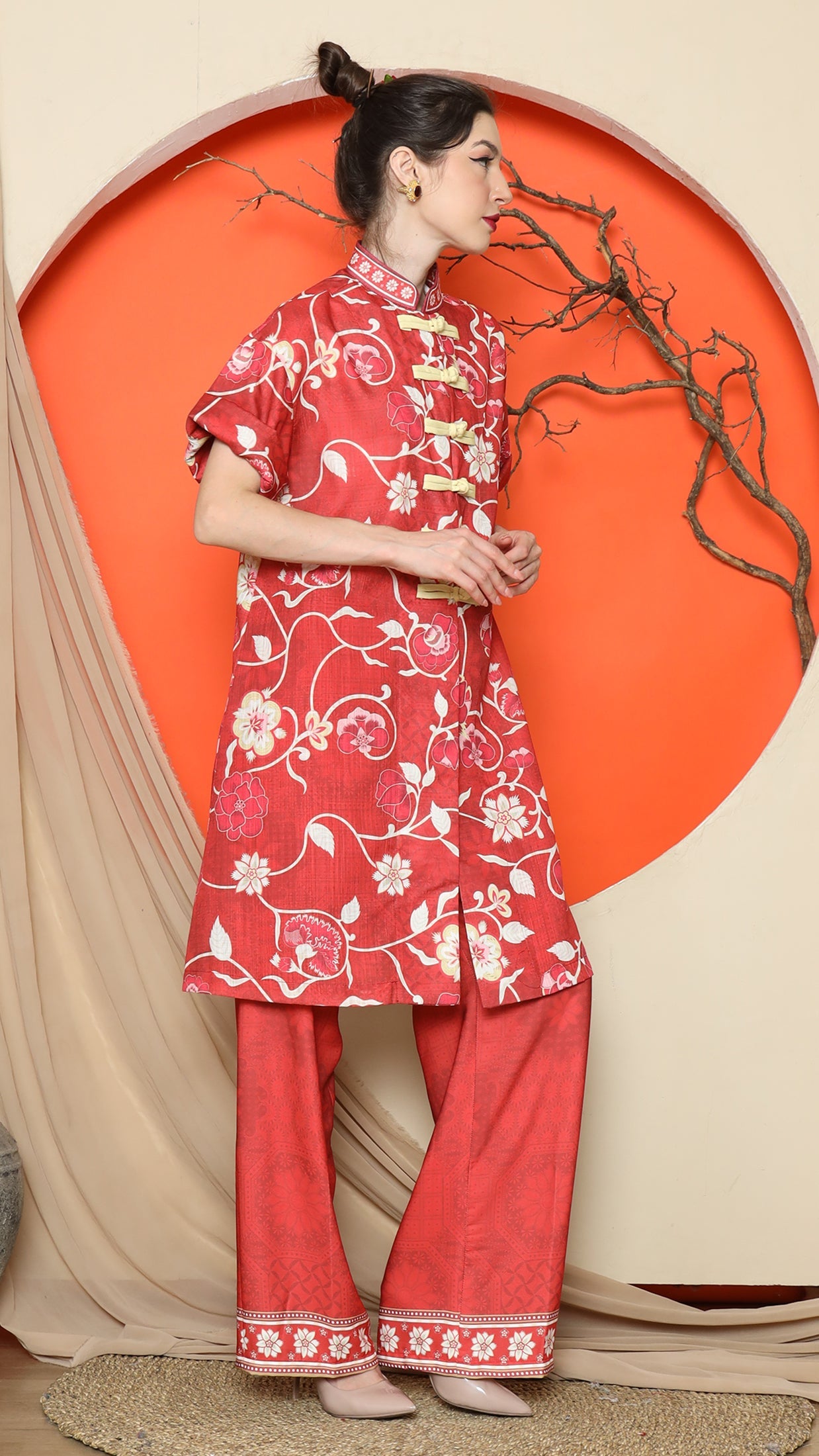 KANZI COLLECTION | Red Floral Cheongsam Pant Set