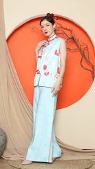 KANZI COLLECTION | Blue Cheongsam Floral Vest With Pant Set