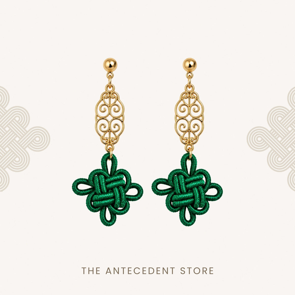 THE ANTECEDENT STORE | Auspicious Knot Motif Earrings in Green
