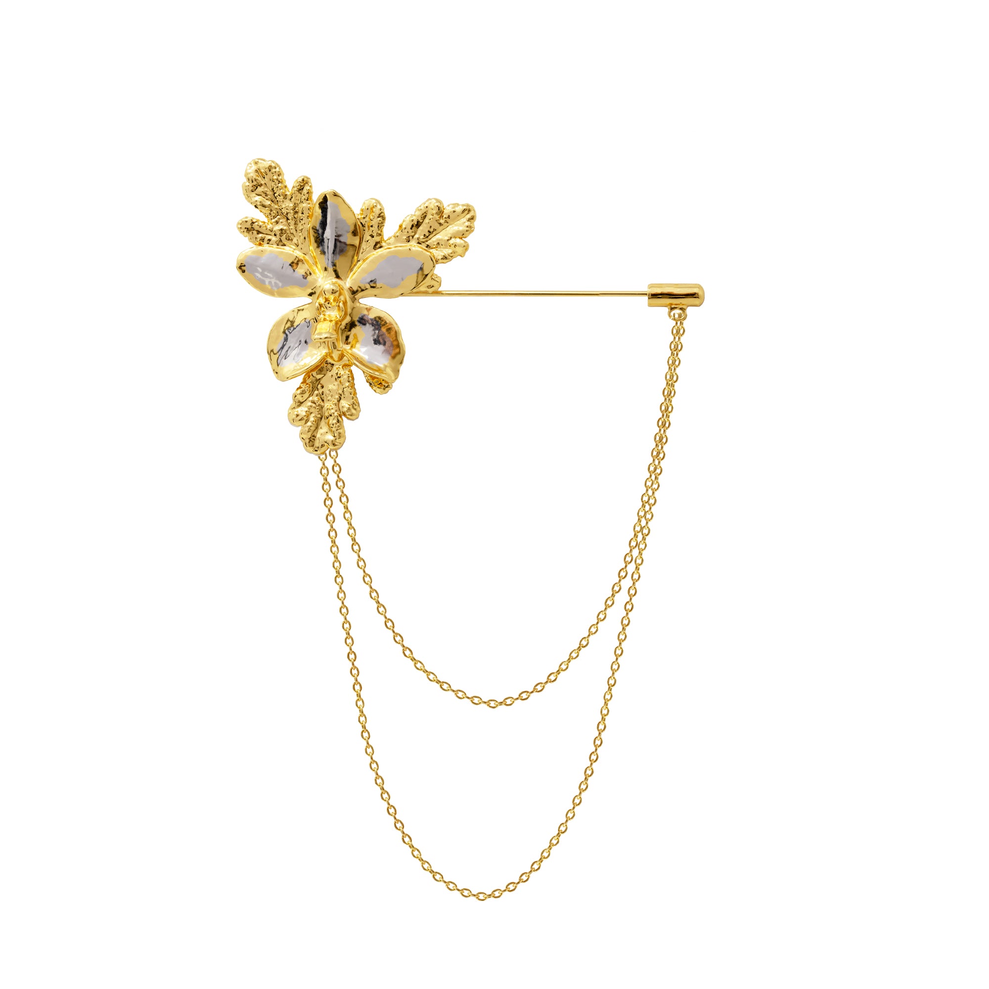 RISIS | Aeridovanda Orchid Brooch with Citronella Leaves in Gold and Palladium