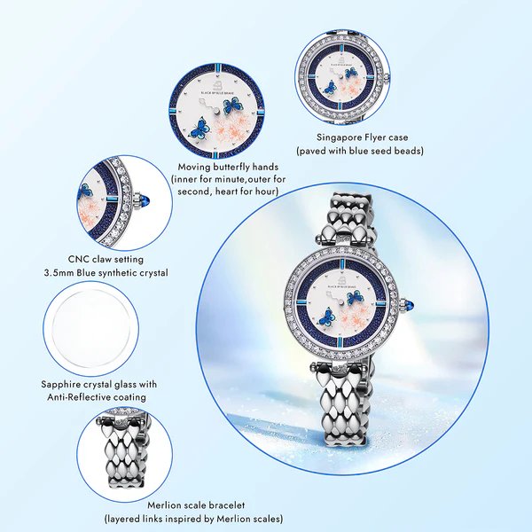 BLACK BY BLUE BRAVE | Butterfly Lovers 34mm Blue Dial Moving Butterfly Hands Silver Bracelet Watch