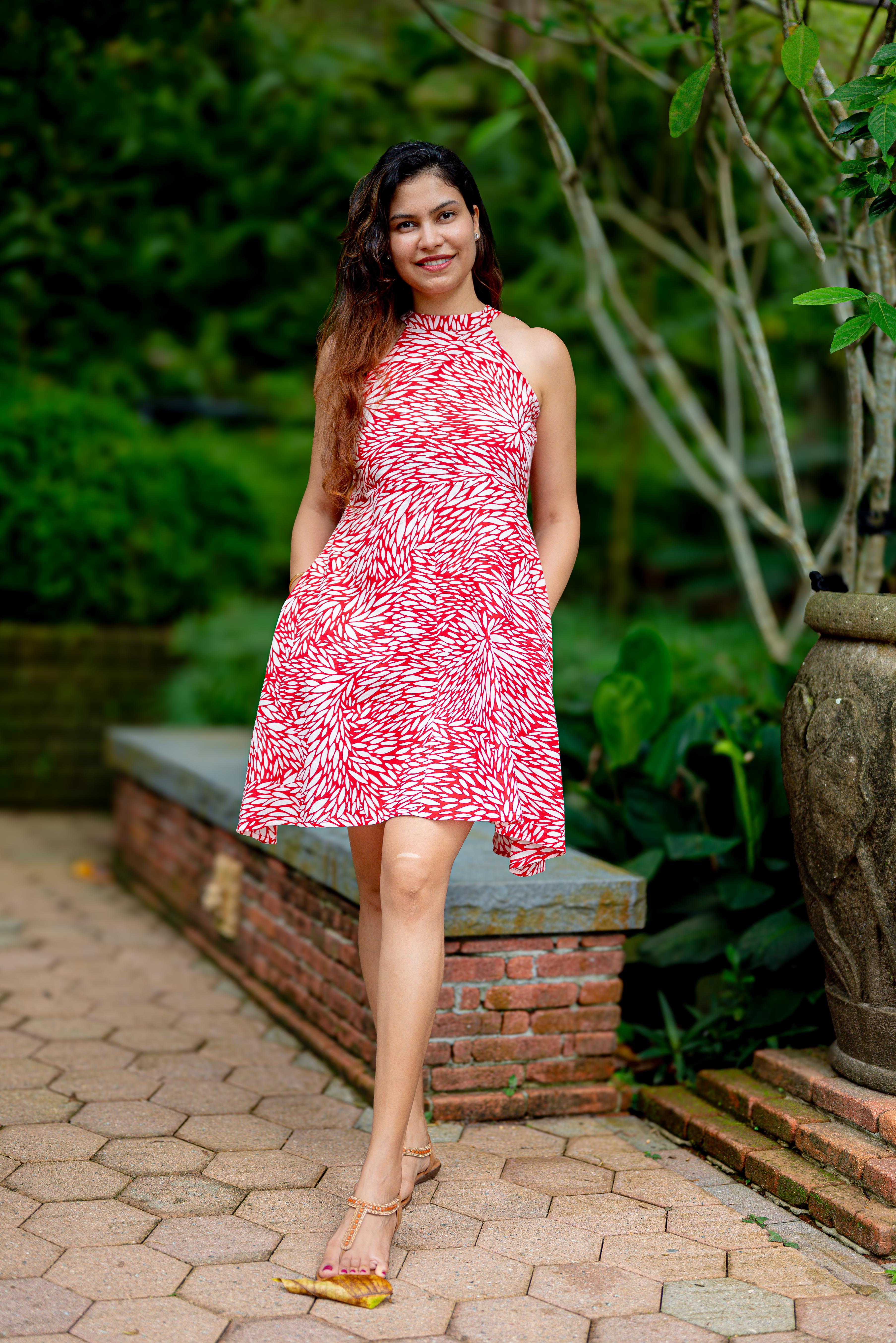 NIMBU | Singapore Short Halter Dress with Pockets in Red White