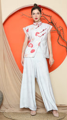KANZI COLLECTION | Grey Cheongsam Floral Vest With Wide Leg Pant Set