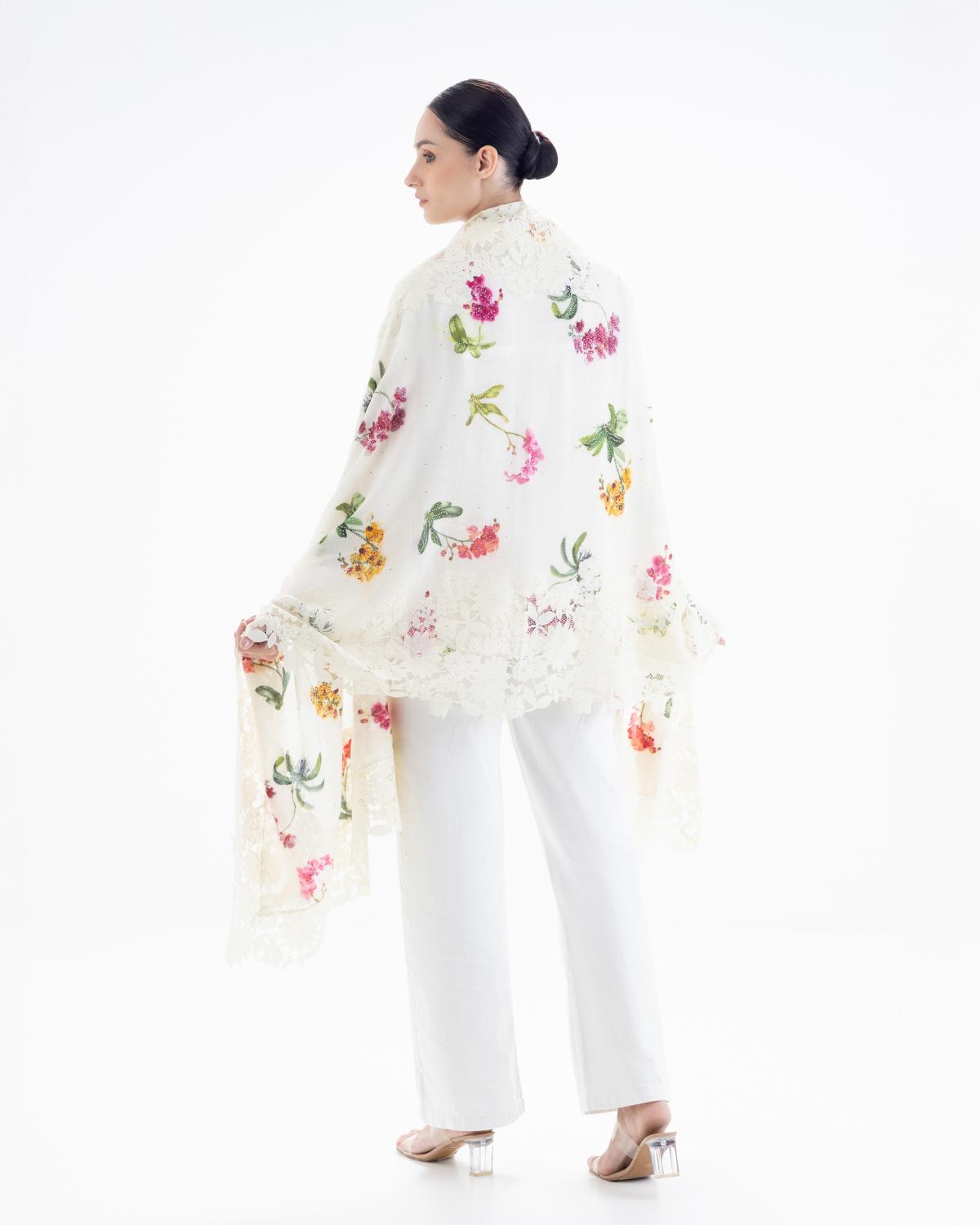 QUEENMARK | AN Assorted Lace Print Crystal Shawl Ivory Flower