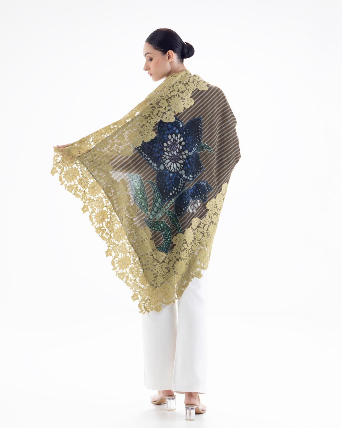 QUEENMARK | AN Assorted Lace Print Crystal Shawl Olive Blue Bird