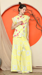 KANZI COLLECTION | Yellow Cheongsam Floral Vest With Wide Leg Pant Set
