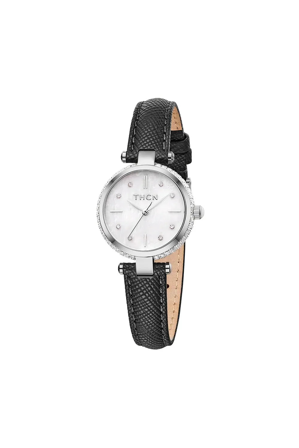 BLACK BY BLUE BRAVE | THCN T· I Mother-of-Pearl Dial Black Leather Strap Watch | Silver