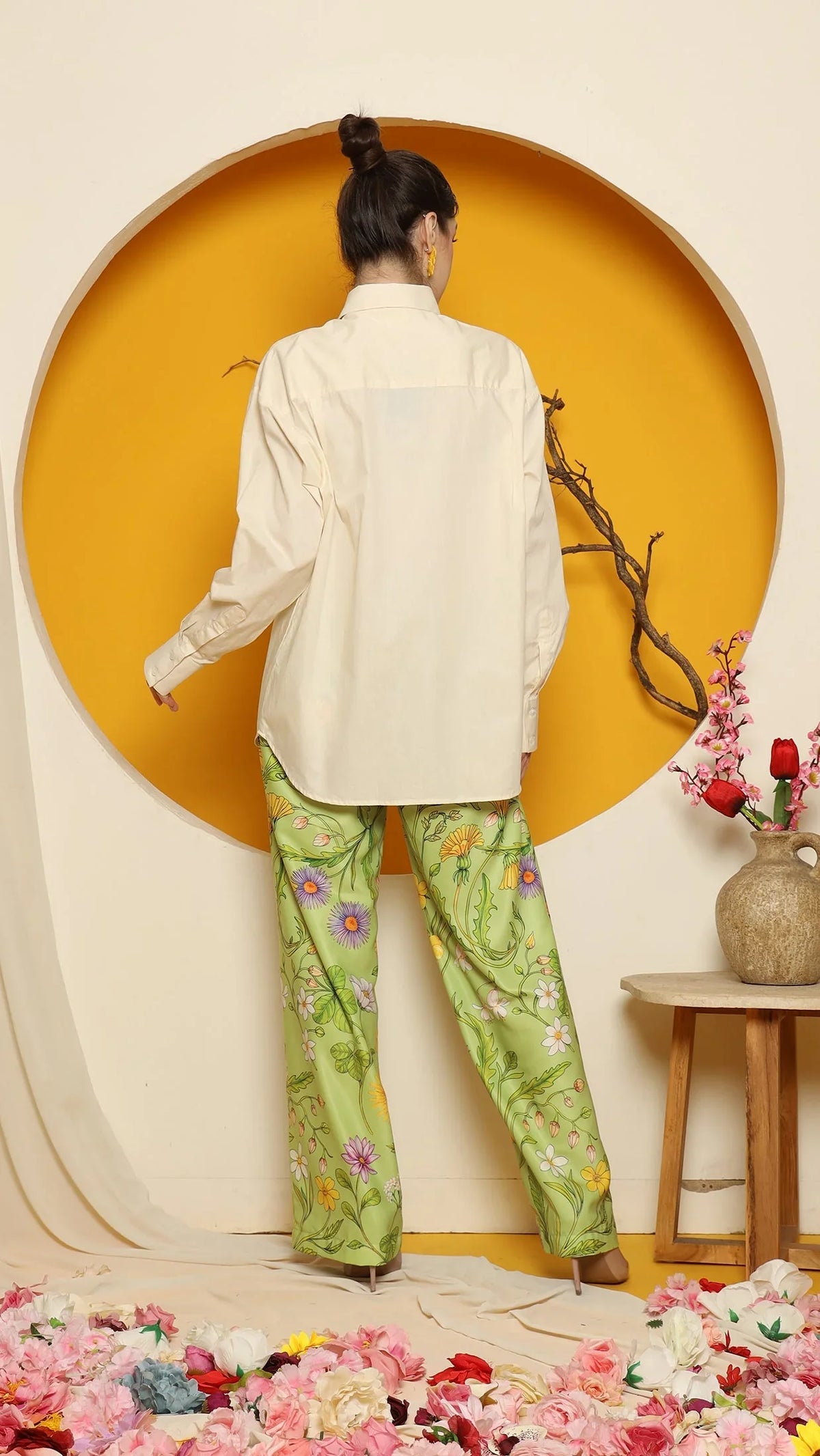 KANZI COLLECTION | Cheongsam Shirt With Green Flower Pants Set
