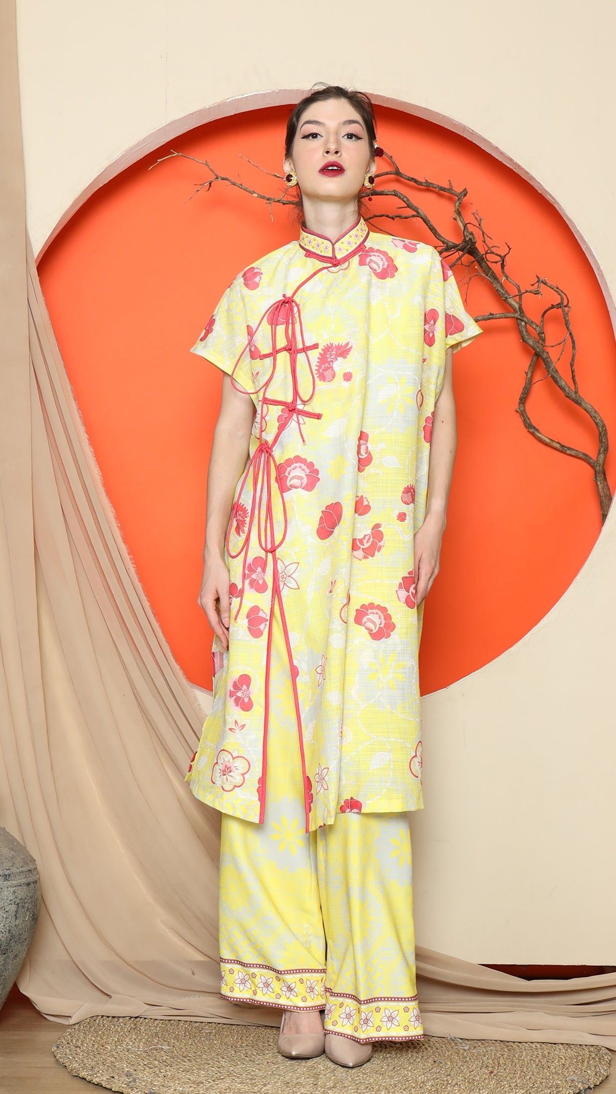 KANZI COLLECTION | Yellow Oriental Floral Cheongsam Pant Set